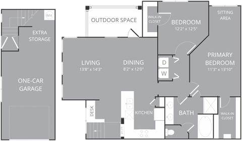 Floor plan for 2 beds, 1 bath, 1181 sqft